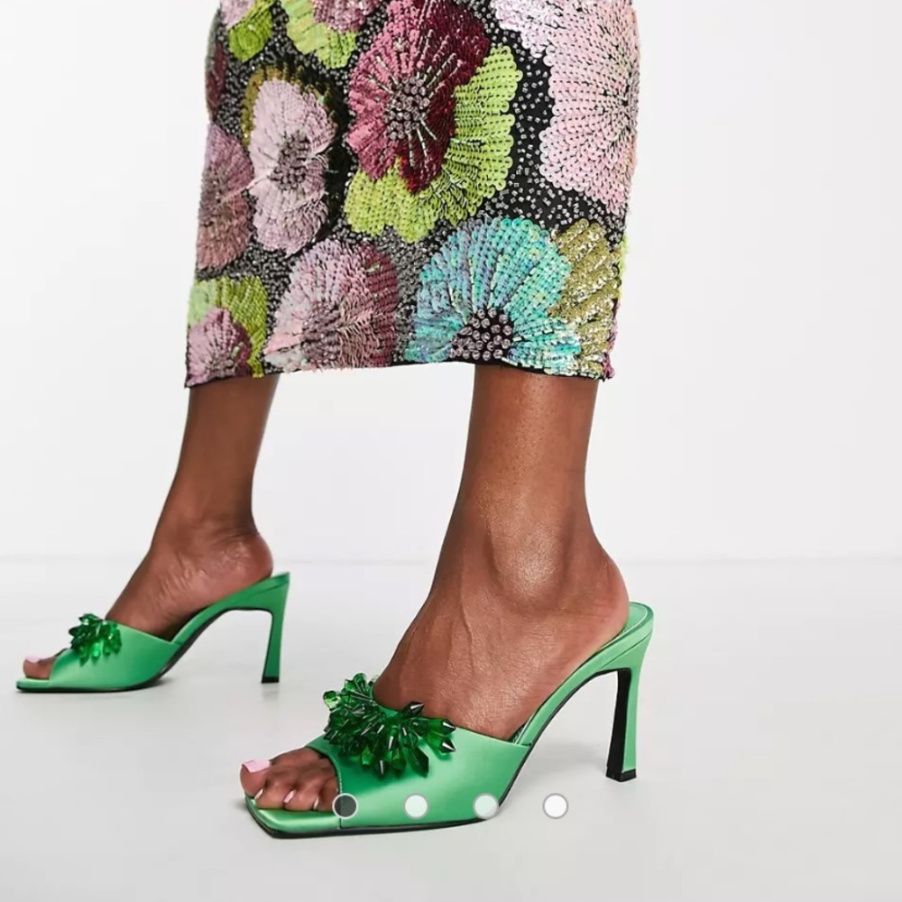 ASOS Design Embellished Mid-Heeled Mules in Green Satin